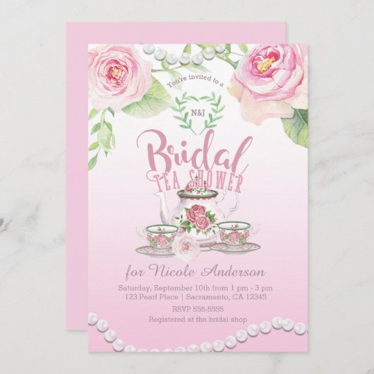 Rosa Rosen & Perlen Elegantes Brauchtum Dusche/WC Einladung (Vorne/Hinten)