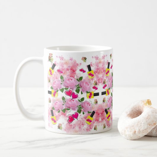 Rosa Rosen Pink Hearts Gelbe Nagel Polnische Tasse (Mit Donut)