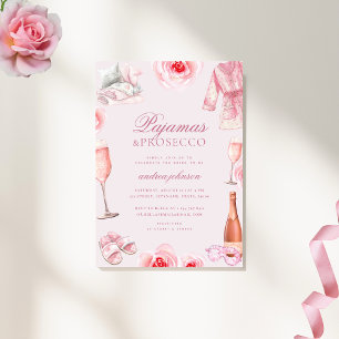 Rosa Rosen Pyjama & Prosecco Pj's Brautparty-Einla Einladung