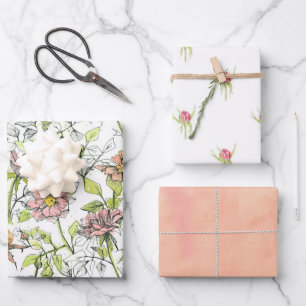 Rosa Rosen Rosenknospen Blumen Melone Orange Geschenkpapier Set