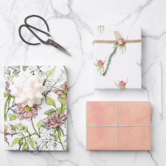 Rosa Rosen Rosenknospen Blumen Melone Orange  Geschenkpapier Set
