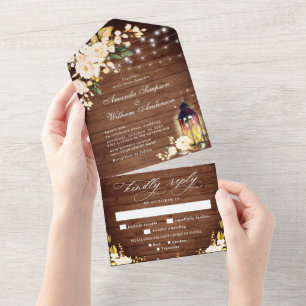 Rosa Rosen Rustikale Holzlaterne Hochzeit All In One Einladung