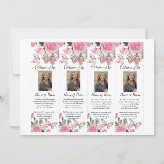 Rosa Rosen-Schmetterlings-Begräbnis-Lesezeichen Einladung (Vorderseite)