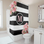 Rosa Rosen Schwarz und Weiß Streifen Monogramm Duschvorhang (Beispiel)