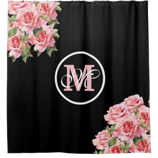 Rosa Rosen Schwarz und Weiß Streifen Monogramm Duschvorhang (Vorderseite)