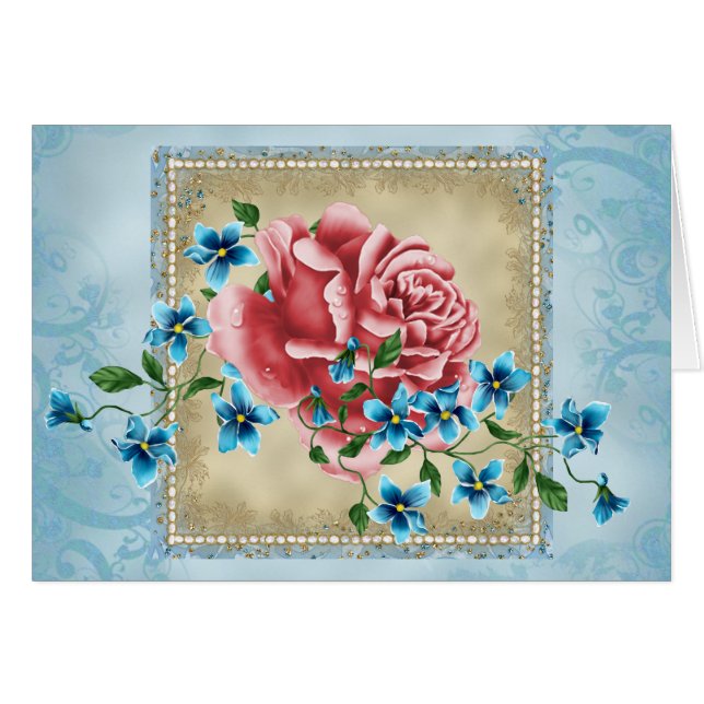 Rosa Rosen-Shabby Chic-Anlass-Anmerkungs-Karte (Vorderseite (Horizontal))