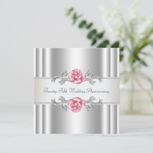 Rosa Rosen Silber 25. Hochzeitstag Einladung (Stehend Vorderseite)