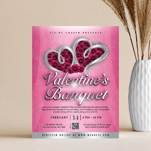 Rosa Rosen & Silberherzen Valentinstagsbankett Flyer