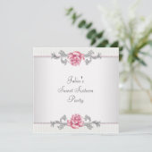 Rosa Rosen Silver Pink 16 . Geburtstag Party Einladung (Stehend Vorderseite)