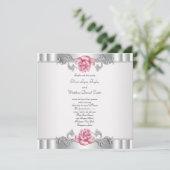 Rosa Rosen Silver White Pink Elegante Hochzeit Einladung (Stehend Vorderseite)