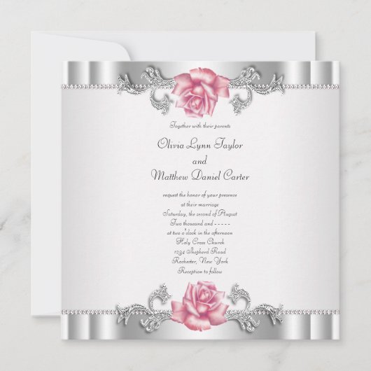 Rosa Rosen Silver White Pink Elegante Hochzeit Einladung (Vorderseite)
