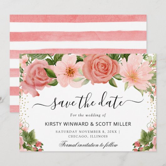 Rosa Rosen Sommerblumen Hochzeit Save The Date (Vorne/Hinten)