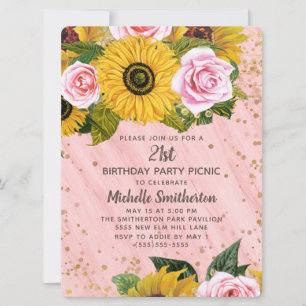 Rosa Rosen Sonnenblumen Gold Glitter 21. Geburtsta Einladung