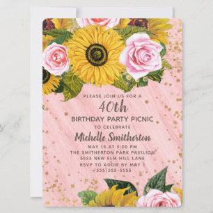 Rosa Rosen Sonnenblumen Gold Glitter 40. Geburtsta Einladung