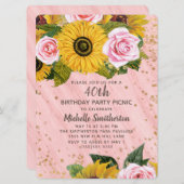 Rosa Rosen Sonnenblumen Gold Glitzer 40. Geburtsta Einladung (Vorne/Hinten)