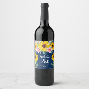 Rosa Rosen Sonnenblumen Marineblau 21. Geburtstag Weinetikett