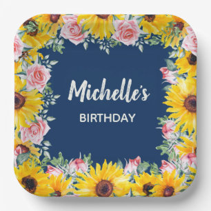 Rosa Rosen Sonnenblumen Marineblau Geburtstag Pappteller