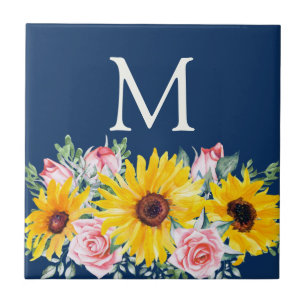 Rosa Rosen Sonnenblumen Marineblau Monogramm Fliese