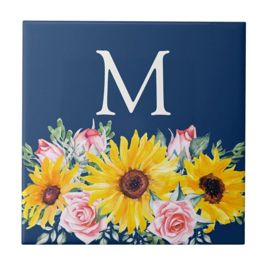 Rosa Rosen Sonnenblumen Marineblau Monogramm Fliese (Vorderseite)