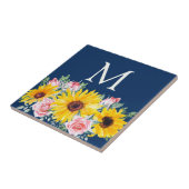 Rosa Rosen Sonnenblumen Marineblau Monogramm Fliese (Seite)