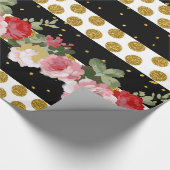 Rosa Rosen stripes GoldImitat-Glitter-Polkapunkte Geschenkpapier (Ecke)