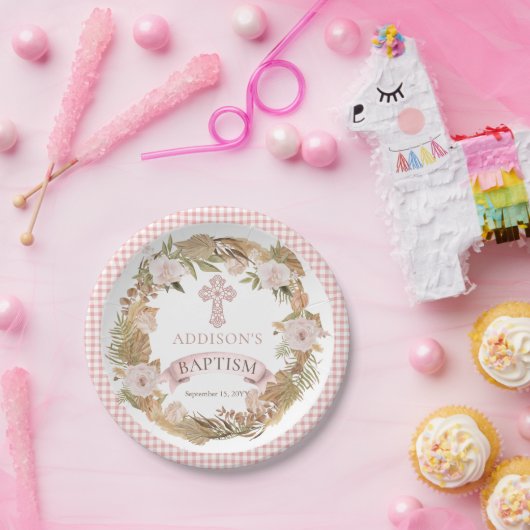 Rosa Rosen | Trockene Gräser Flora Girl Taufe Pappteller (Party)