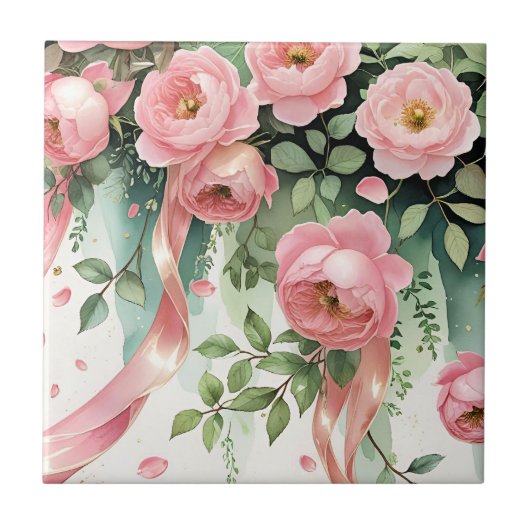 Rosa Rosen und Bänder Fliese (Vorderseite)