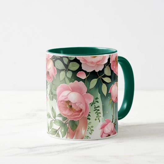 Rosa Rosen und Bänder Tasse (VorderseiteRechts)