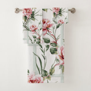 Rosa Rosen und Blätter auf Trellis Badhandtuch Set
