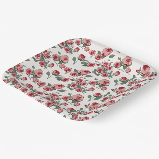 Rosa Rosen und Blätter Muster Pappteller (Gewinkelt)