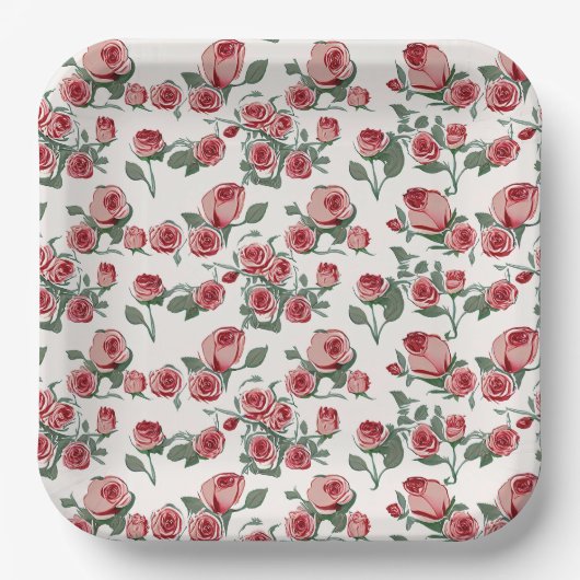 Rosa Rosen und Blätter Muster Pappteller (Vorderseite)