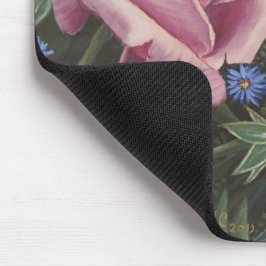 Rosa Rosen und blaue Blumen Mousepad (Ecke)