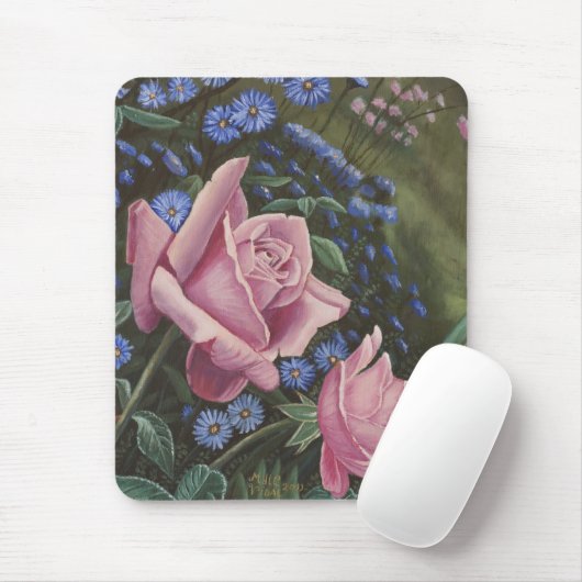 Rosa Rosen und blaue Blumen Mousepad (Mit Mouse)