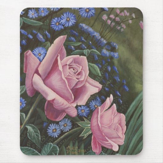 Rosa Rosen und blaue Blumen Mousepad (Vorne)