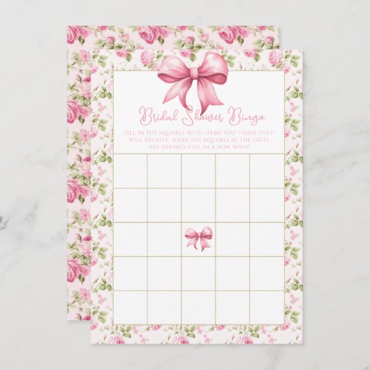 Rosa Rosen und Bows Coquette Brautparty Bingo Begleitkarte (Vorne/Hinten)