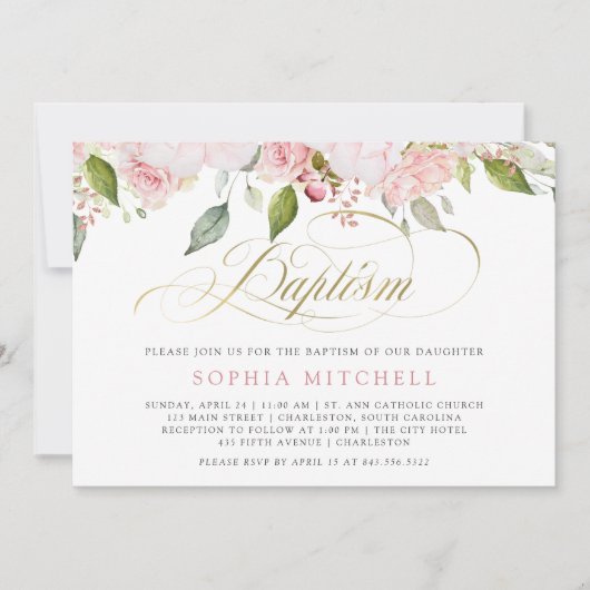 Rosa Rosen und elegante Taufe des Goldskript-| Einladung (Vorderseite)