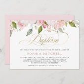 Rosa Rosen und elegante Taufe des Goldskript-| Einladung (Vorne/Hinten)