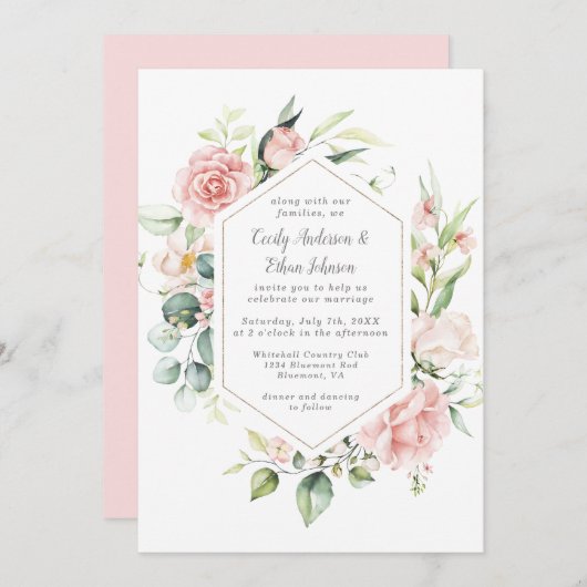 Rosa Rosen und Eukalyptus Goldrahmen Einladung (Vorne/Hinten)