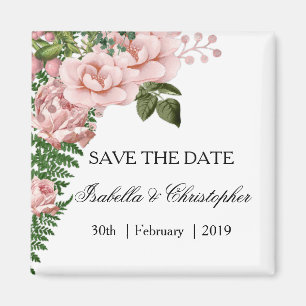 Rosa Rosen und Farne, die Save the Date Wedding Magnet