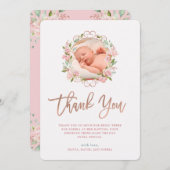 Rosa Rosen und Foto-Taufe des Rosen-Goldskript-| Dankeskarte (Vorne/Hinten)