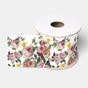 ROSA ROSEN UND GELBE SCHMETTERLINGE Weiße Blüten Ripsband