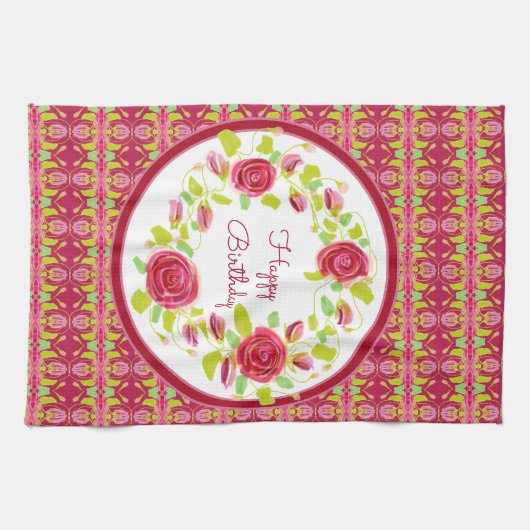 Rosa Rosen und Gemustert Geschirrtuch (Horizontal)