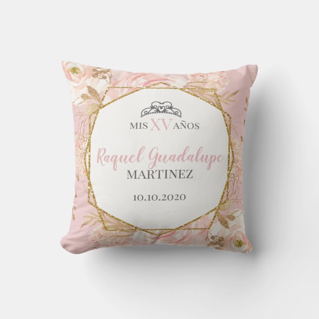 Rosa Rosen und geometrischer Glitzer Mis XV Pillow Kissen (Vorderseite)