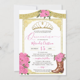 Rosa Rosen und Gold Floral Boot Charro Quinceanera Einladung