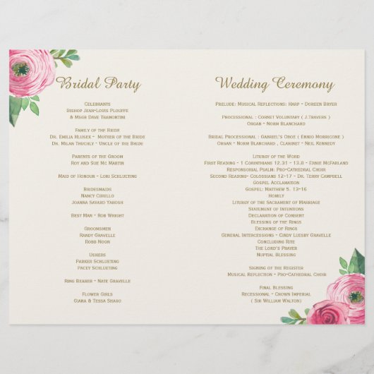 Rosa Rosen und Gold Glitzer Hochzeitsprogramme (Rückseite)