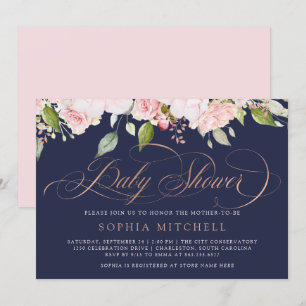 Rosa Rosen und Gold-Script  Navy Baby Dusche Einladung