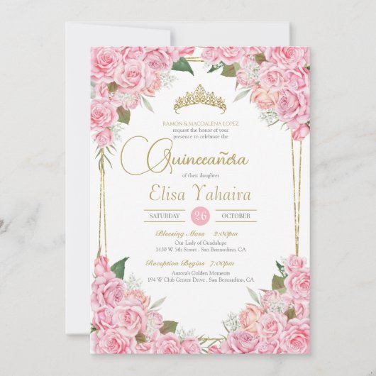 Rosa Rosen und Gold Tiara Floral Quinceanera Einladung (Vorderseite)