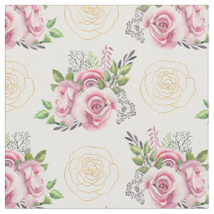 Rosa Rosen und goldene Blumen Aquarell Stoff