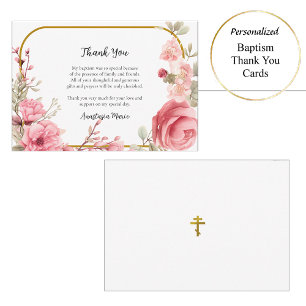 Rosa Rosen und Goldrahmen orthodoxe Taufe Dankeskarte