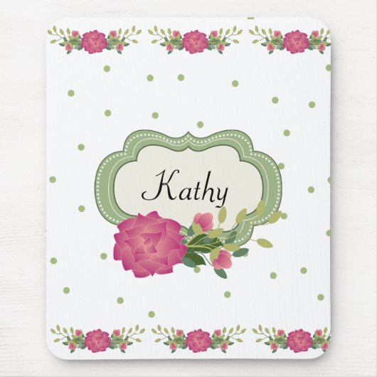 Rosa Rosen und grüne Polka Dots Mauspad (Vorne)